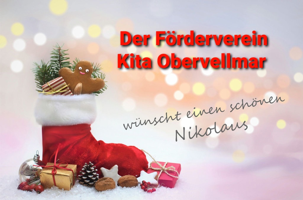 Zu sehen ist ein gefüllter Nikolaus-Stiefel vor dem einige Geschenke liegen. Der Förderverein Kita Obervellmar wünscht einen schönen Nikolaus-Tag.
